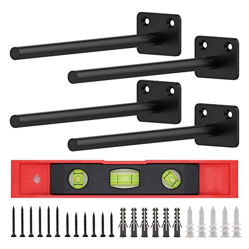 Product Cover 8 Inch Floating Shelf Brackets, 4 Pack Solid Steel Blind Shelf Bracket Heavy Duty Hidden Shelf Supports with Spirit Level and Hardware for Home Decor, Storage, Organization (Black)