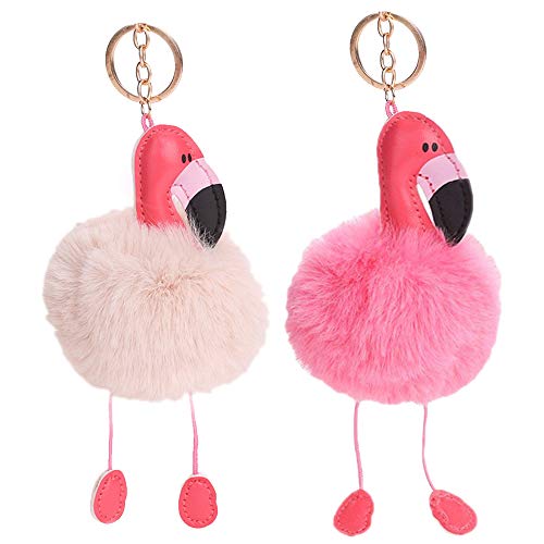 Product Cover Pink and White Flamingo Plush Keychain Pink Faux Rabbit Fur Keychain Handbag Tote Bag Charm Pendant Key Ring