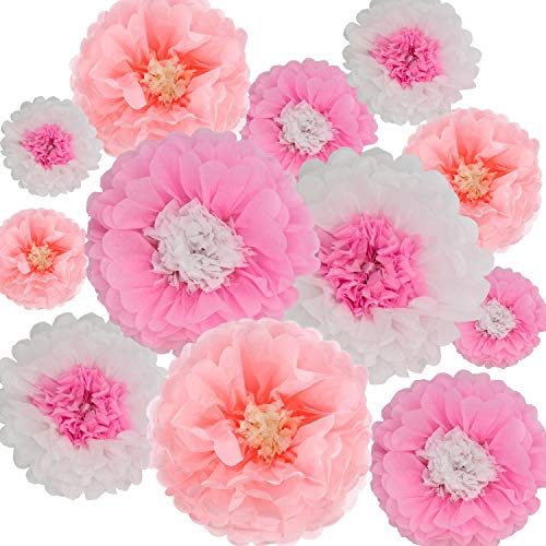 Product Cover Paper Flowers Decorations,12 Pcs Tissue Paper Flower DIY Crafting for Wedding Backdrop Nursery Wall Baby Shower Decoration,Pink