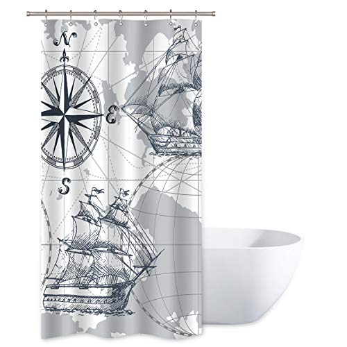 Product Cover Riyidecor Nautical Sailboat Map Shower Curtain Panel Grey Boat Sketch Ship Wheel Compass Anchor Decor Fabric Set Polyester Waterproof Fabric 36x72 Inch 12 Pack Plastic Hooks