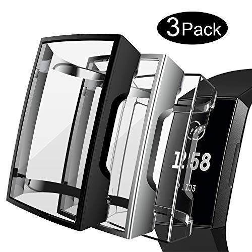 Product Cover Compatible Fitbit Charge 3 Case Screen Protector(3-Pack),TPU Soft Accessory Case Frame Full Cover Shell Fitbit Charge 3 & 3 Se Case, Silver+Black+Crystal Clear