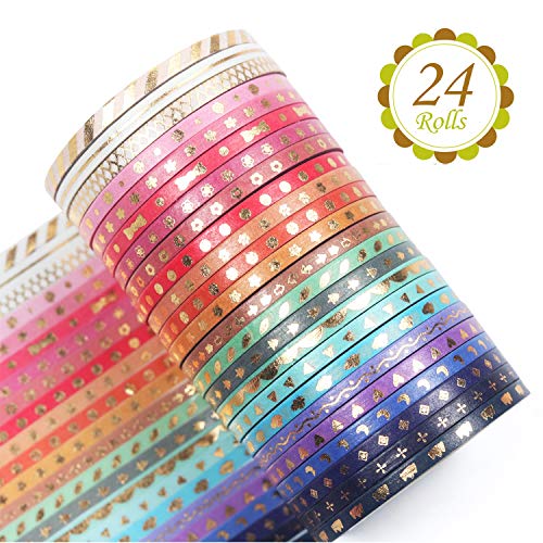 Product Cover Yubbaex 24 Rolls Washi Tape Set Skinny Masking Gold Foil Print Decorative for Arts, DIY Crafts, Bullet Journals, Planners, Scrapbooking, Wrapping -3mm Thin-