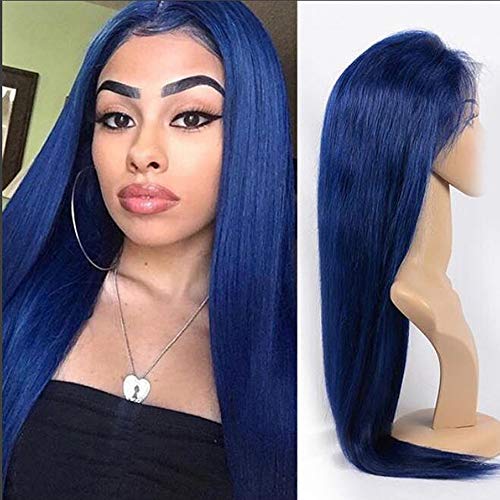 Product Cover Blue Lace Front Wig with Natural Hairline, Middle Part Synthetic Long Straight Blue Wigs For Women 28 inches