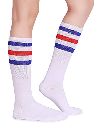Product Cover Pareberry Classic Triple Stripes Soft Cotton On the Calf Retro White Tube Socks (A-pair(Blue/Red/White))