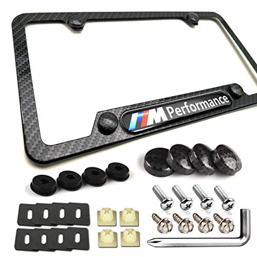 Product Cover PUQIN-AUTO Carbon Fiber License Plate Frame -M Performance 3D Logo for MW, Black Aluminum License Plate Frames Metal Printing Carbon Fiber Pattern and Stainless Steel Plate Screws & Carbon Caps