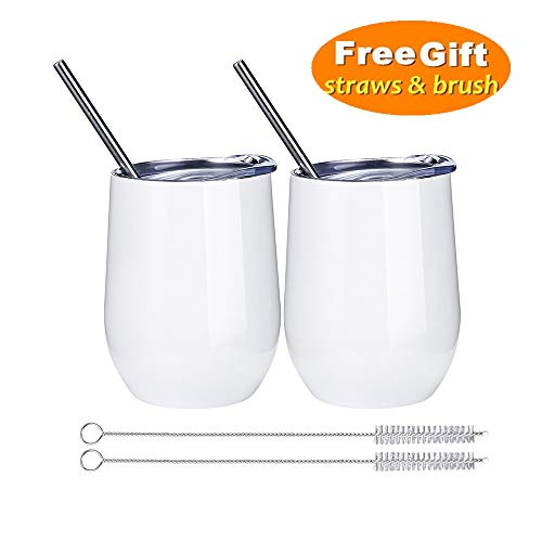 Product Cover 2 Pack 12 oz Wine Tumbler with Lids, Double Wall Vacuum Insulated Stainless Steel Stemless Wine Glass, Travel Coffee Mug Cup for Wine, Drinks, Champagne, Cocktails (Include Straws & Brush) (White)