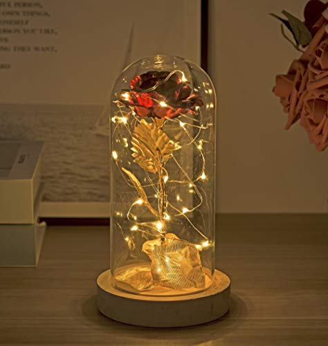 Product Cover Enchanted Rose , 24K Gold Gilded Rose, Gold Plated Rose and LED Strip Lights with Fallen Petals in A Glass Dome on A Wooden Base, Best Gift for Someone, Mother's Day, Valentine's Day, Anniversary, Bi