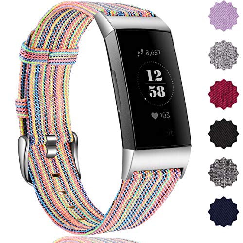 Product Cover Maledan Compatible with Fitbit Charge 3 Bands for Women Men, Breathable Woven Fabric Replacement Accessory Strap for Charge 3 and Charge 3 SE Fitness Activity Tracker, Small, Rainbow Pattern