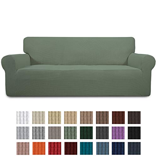 Product Cover Easy-Going Stretch Sofa Slipcover 1-Piece Sofa Cover Furniture Protector Sofa Shield Couch Soft with Elastic Bottom for Kids, Jacquard Fabric Small Checks(Oversized Sofa,Greyish Green)