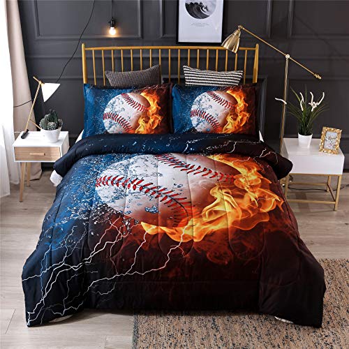 Product Cover A Nice Night Baseball with Fire Print Comforter Quilt Set Bedding Sets for Teen Boys (Baseball,Full Size)