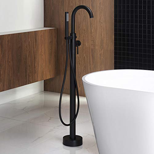 Product Cover WOODBRIDGE Freestanding Tub Filler Bathtub Floor Mount Brass Bathroom Faucets with Hand Shower, F-0006 Matte Black