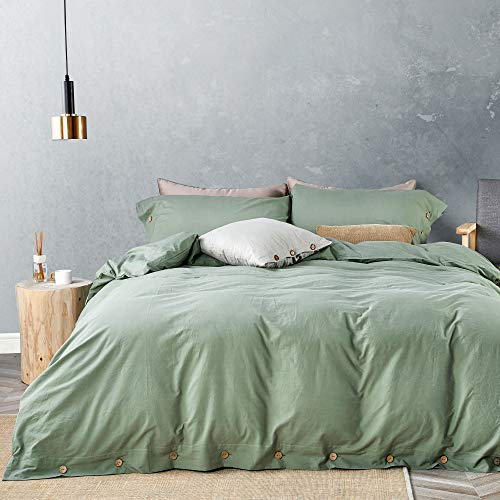 Product Cover JELLYMONI Green 100% Washed Cotton Duvet Cover Set, 3 Pieces Luxury Soft Bedding Set with Buttons Closure. Solid Color Pattern Duvet Cover Queen Size(No Comforter)