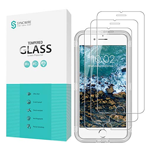 Product Cover Syncwire Screen Protector for iPhone 8/7/6s/6 [3-Pack], Anti-Fingerprint 9H Tempered Glass Protective Screen for iPhone 8/7/6s/6 (Screen-Alignment Frame Included, Bubble-Free) [Not Edge to Edge]