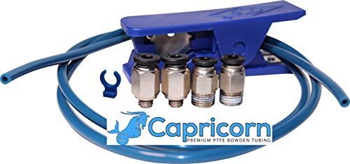 Product Cover Authentic Capricorn PTFE Bowden Tubing (1 Meter) XS Series for 1.75mm Filament with PTFE Teflon Tube Cutter and Upgraded PC4-M6 and PC4-M10 Pneumatic Fittings with Metal Teeth and Blue Collet Clip