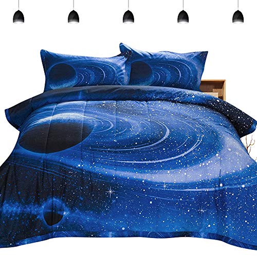 Product Cover PomCo Galaxy Comforter Full (79x90 Inch), 3Pcs(1 Galaxy Comforter & 2 Pillowcases) 3D Space Outer Sky Microfiber Bedding Set, Blue Universe Galaxy Comforter Set for Boy Girl Teen Kid