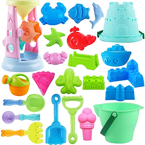 Product Cover ToyerBee Beach Toys- 24pcs Sand Toys Set with Sand Water Wheel, Bucket, Shovels, Rakes, Models & Molds in A Mesh Backpack, Outdoor Beach Sand Toys for Boys, Girls,Toddlers, Kids