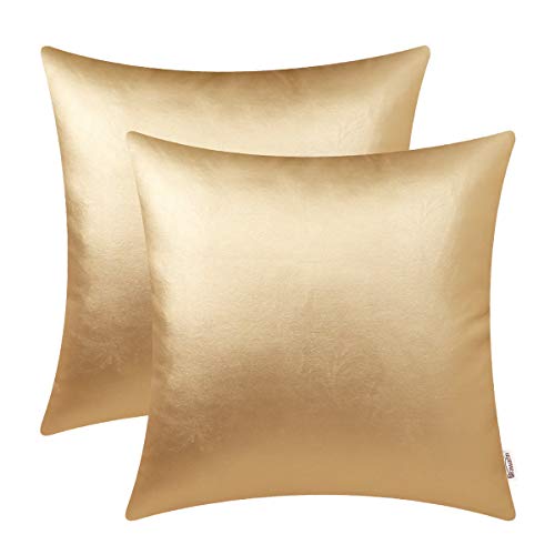 Product Cover BRAWARM Pack of 2 Cozy Throw Pillow Covers Cases for Couch Sofa Bed Solid Faux Leather Soft Luxury Cushion Covers Both Sides Home Decoration 18 X 18 Inches Gold