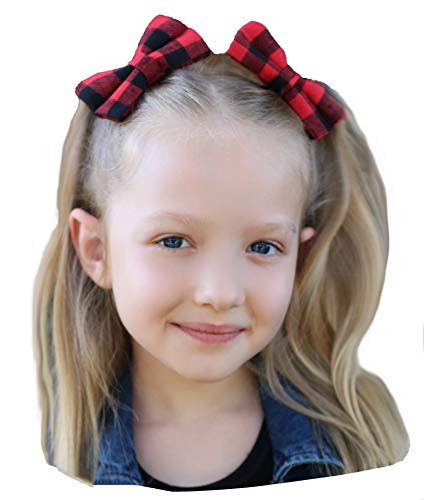 Product Cover Girls Lumberjack Big Hair Bow Set of 2 Matching Clips Buffalo Plaid Checkered Red Black