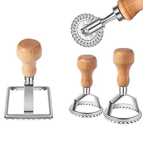 Product Cover Ravioli Stamp Maker Cutter with Roller Wheel Set, MASTER FENG Mold with Wooden Handle and Fluted Edge, Pasta Press Kitchen Attachment (3 Set and Cutter)