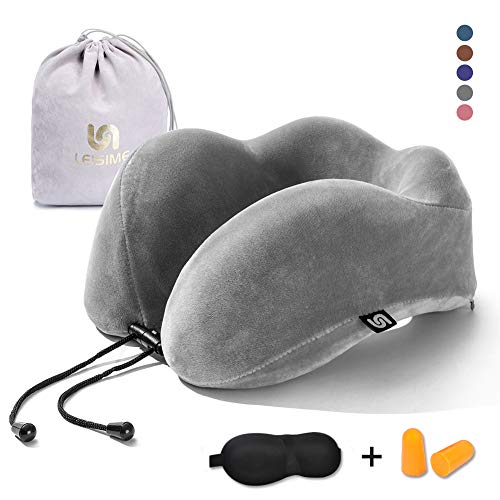 Product Cover LEISIME Travel Pillow Memory Foam Neck Pillow Support - Comfortable & Breathable Cover - Machine Washable, Airplane Pillow Kit with 3D Sleep Mask, Earplugs, and Luxury Bag(Grey)