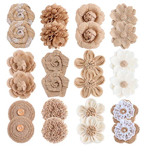 Product Cover APICCRED 24PCS Burlap Flowers for Crafts 12Styles Natural Handmade Rustic Rose Flower for Burlap Decoration DIY Craft Bouquets Home Wedding Christmas Party Decoration