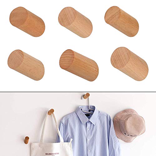 Product Cover 6 Pack Wooden Coat Hooks, CBTONE Heavy Duty Wall Mounted Single Hook Handmade Decorative Craft Clothes Hanger, Beech Wood 2.2 inch Length