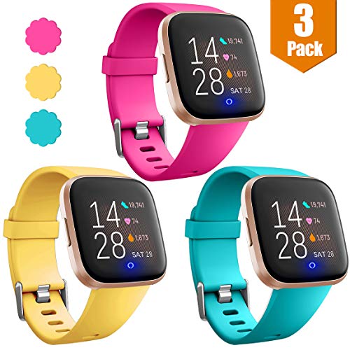 Product Cover Maledan Compatible with Fitbit Versa/Fitbit Versa Lite SE/Fitbit Versa 2 Bands for Women Men Small, 3 Pack Sports Replacement Wristband Strap for Fitbit Versa Smart Watch, Rose Pink/Mango Yellow/Teal