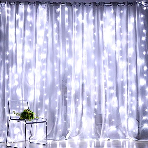 Product Cover Fiee Fairy Curtain Lights,304 LED 9.8ftX9.8ft 30V 8Modes safety Window Lights with Memory for Home Wedding Christmas Party Family Patio Lawn Garden Bedroom Outdoor Indoor Wall Decorations(Cool White)