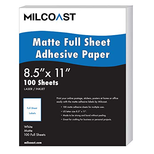 Product Cover Milcoast Full Sheet 8.5 x 11 Matte Adhesive Sticker Paper Labels for Laser/Inkjet Printers (100 Full Sheet)