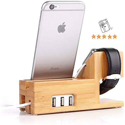Product Cover Compatible with Apple Watch Stand USB Charging Stand -Hunter-k Phone Stand with 3 USB Charging Port Bamboo Wood Charging Dock Station for Apple Watch 5/4/3/2/1 iPhone 11 Pro Max/X/XS/XR/Xs /8/8 Plus