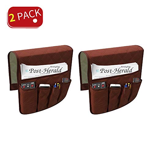 Product Cover ENINFUT 2 Pack Non-Slip Couch Sofa Chair Armrest Organizer 5 Pockets Armchair Caddy Smart Phone, Book, Magazines, Ipad, TV Remote Control Holder (2 Pack-Coffee)