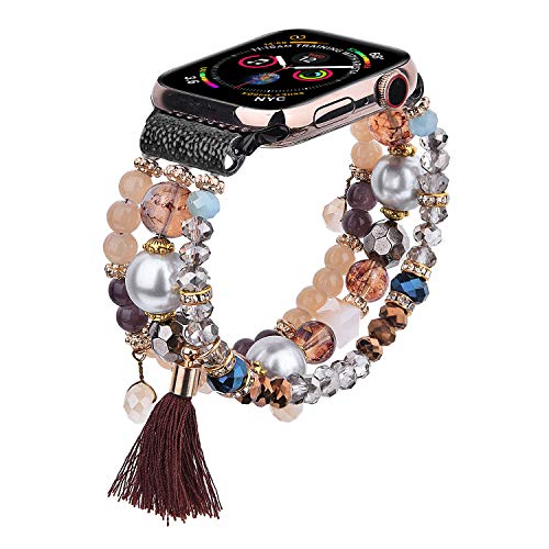 Product Cover CAGOS Beadeds Bracelet Compatible for Apple Watch Bands 40mm/38mm Women Girl, Cute Handmade Fashion Elastic Beaded Strap Compatible for Apple iWatch Series 5/4/3/2/1(Brown, 38mm)