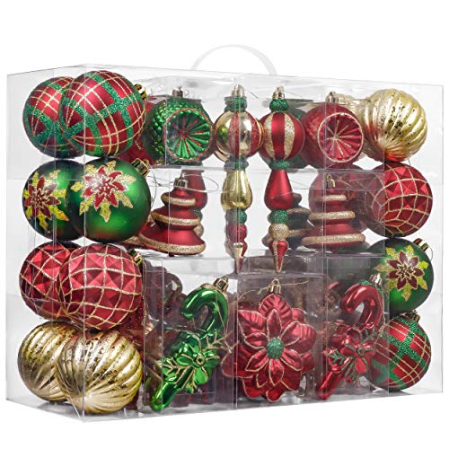 Product Cover Valery Madelyn 108ct Country Road Shatterproof Christmas Ball Ornaments Decoration Red Green and Gold,2.76Inch-6.89Inch,Themed with Tree Skirt(Not Included)