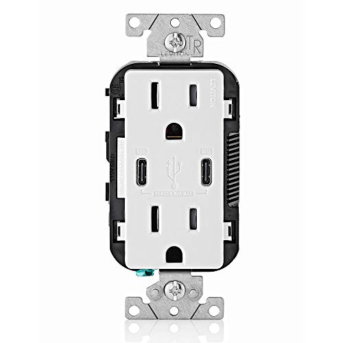 Product Cover Leviton T5635-W USB Dual Type-C with Power Delivery (PD) In-Wall Charger with 15 Amp, 125 Volt Tamper-Resistant Outlet, White