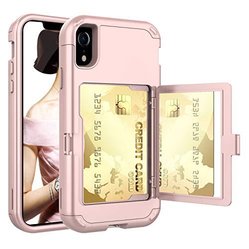 Product Cover Acxlife iPhone XR Case,XR Wallet Credit Card Holder Case,Shockproof Heavy-Duty Protective Hybrid Cover with Card Slot Holder and Mirror&Kickstand Case for(Rosegold, iPhone xr 6.1 Inch)