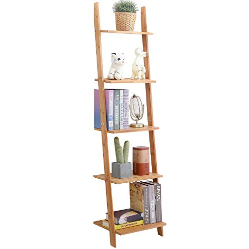 Product Cover exilot Natural Bamboo Ladder Shelf 5-Tier Wall-Leaning Bookshelf Ladder Bookcase Storage Display Shelves for Living Room, Kitchen, Office, Multi-Functional Plant Flower Stand Shelf.