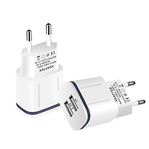 Product Cover European Plug Adapter, 2-Pack 2.1A/5V Universal Europe Power Adapter Dual USB Travel Charger for Phone Xs max XR X 8/7/6/6S Plus, iPad, Samsung, Android Phone