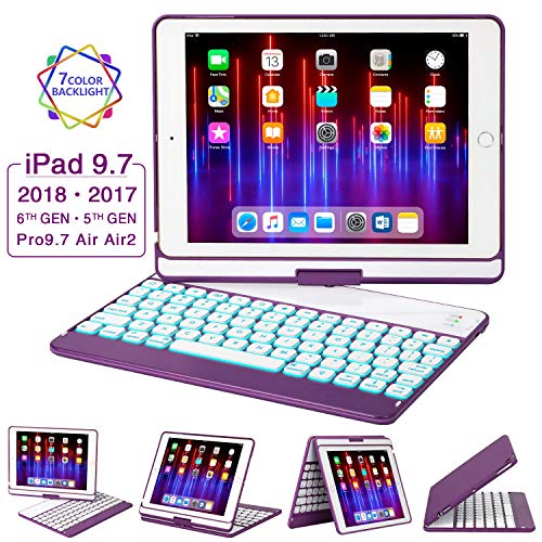 Product Cover iPad Keyboard Case 9.7 for iPad 2018 (6th Gen) - 2017(5th Gen) - iPad Pro 9.7 - Air 2 & 1, 360 Rotate 7 Color Backlit Wireless/BT iPad Case with Keyboard, Auto Sleep Wake, 9.7 inch, Purple