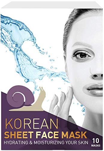 Product Cover Korean Sheet Face Mask - 10 Packs - For Deep Moisturizing & Hydrating with Snail Secretion Filtrate 7,000 PPM - Make Your Skin Smooth and Glowing & Get Soft, Bright Beautiful Face - Made in Korea.