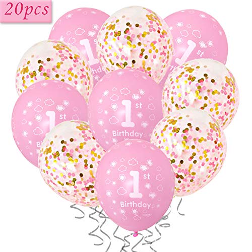 Product Cover 1st Girl Happy Birthday Pink Balloons,First Birthday Decorations 12 Inch Pink Latex Balloons Perfect for Girl Party Supplies(Pack of 20)