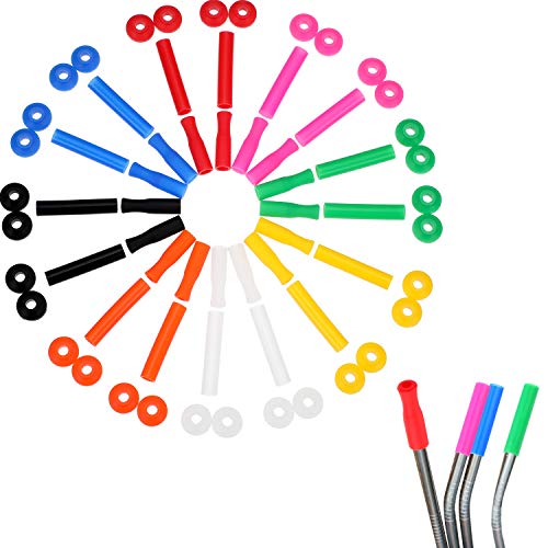 Product Cover 32 Pieces Straw Silicone Tips Stainless Steel Straw Covers Multicolored Silicone Straw Tips with 32 Pieces Straw Silencers for 6 mm Stainless Steel Straws