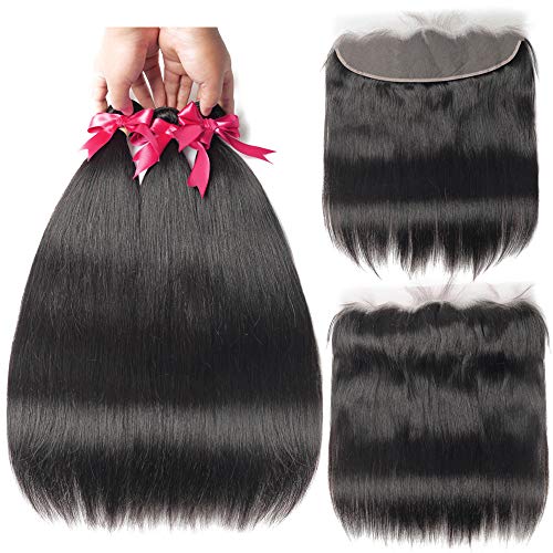 Product Cover Beauhair Brazilian Straight Hair 3 Bundles With Frontal Closure 13×4 Ear To Ear Lace Frontal With Bundles 100% Unprocessed Virgin Human Hair Extensions Weave Natural Color (20 22 24+18Frontal)