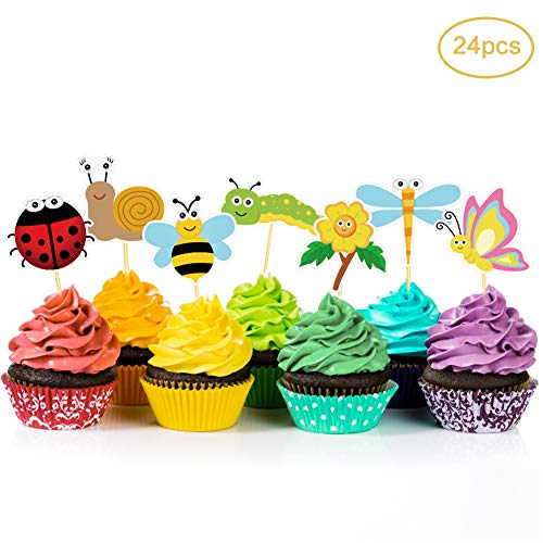 Product Cover 24Pcs Spring Summer Insects Cupcake Toppers,Birthday Party Supplies, Cake Decorations,Dessert Food Picks,Birthday Party Toppers Picks Decorations for Girls,Boys,Kids Home,Classroom,Baby Showers