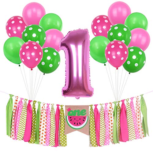 Product Cover ONINIT Watermelon Banner Kits for Baby Girls 1st Birthday Party Decorations, Summer Picnic First Birthday Photo Shoot Banners, High Chair Banner Foil Balloon and Latex Balloons Set