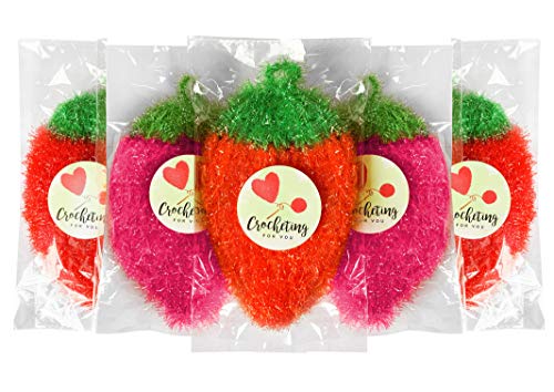 Product Cover Set of 5, Strawberry Crochet Dish Washing Scrubber: No Odor, Hygienic/Bubbles up Quickly/Good Scrub/Flexible, Light/EZ to Wash and Dry - A Handmade Touch to Your Kitchen!
