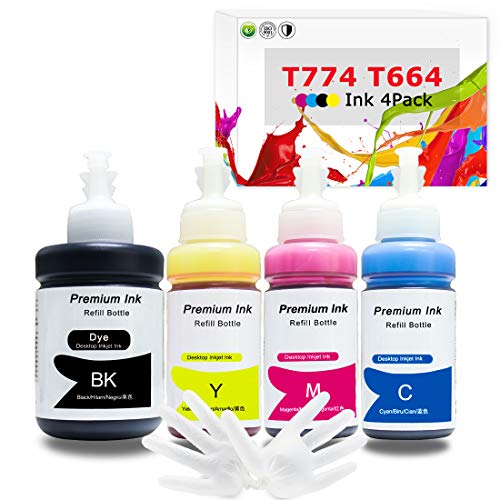 Product Cover Printers Jack Refill Ink Bottle for Epson T774 T664 Compatible EcoTank Ink Bottle for Epson Expression ET-2650 ET-2550 ET-2600 ET-2500 ET-3600 Workforce ET-4500 ET-4550 ET-16500[Upgraded]