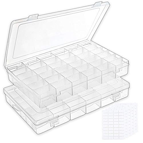 Product Cover Outuxed 2pack 36 Grids Clear Plastic Organizer Box Storage Container Jewelry Box with Adjustable Dividers for Beads Jewelry Fishing Tackles Screws and Small Accessories with 5 Sheets Label Stickers