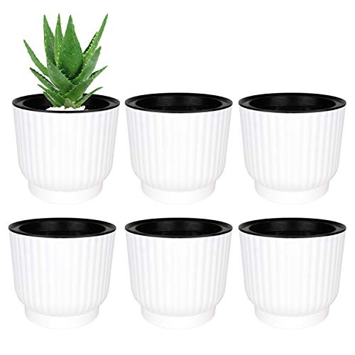 Product Cover T4U 4.5 Inch Self Watering Pots for Indoor Plants, 6 Pack White Plastic Flower Pots for All House Plants, Flowers, African Violets