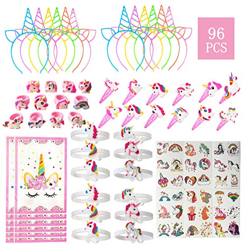 Product Cover 96 Pack Unicorn Party Favors for Kids, Unicorn Party Supplies Birthday Decorations with Unicorn headband, Bracelets, Rings, Stickers, Hairpin, Bonus Goodie Bags, Perfect Unicorn Gifts for Girls