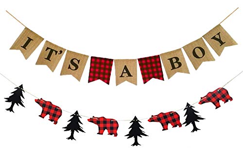 Product Cover Lumberjack Theme Banner & It's a Boy Banner, Lumberjack Baby Shower Banner Garland Party Supplies for Baby Shower & Kid Birthday Party Decoration
